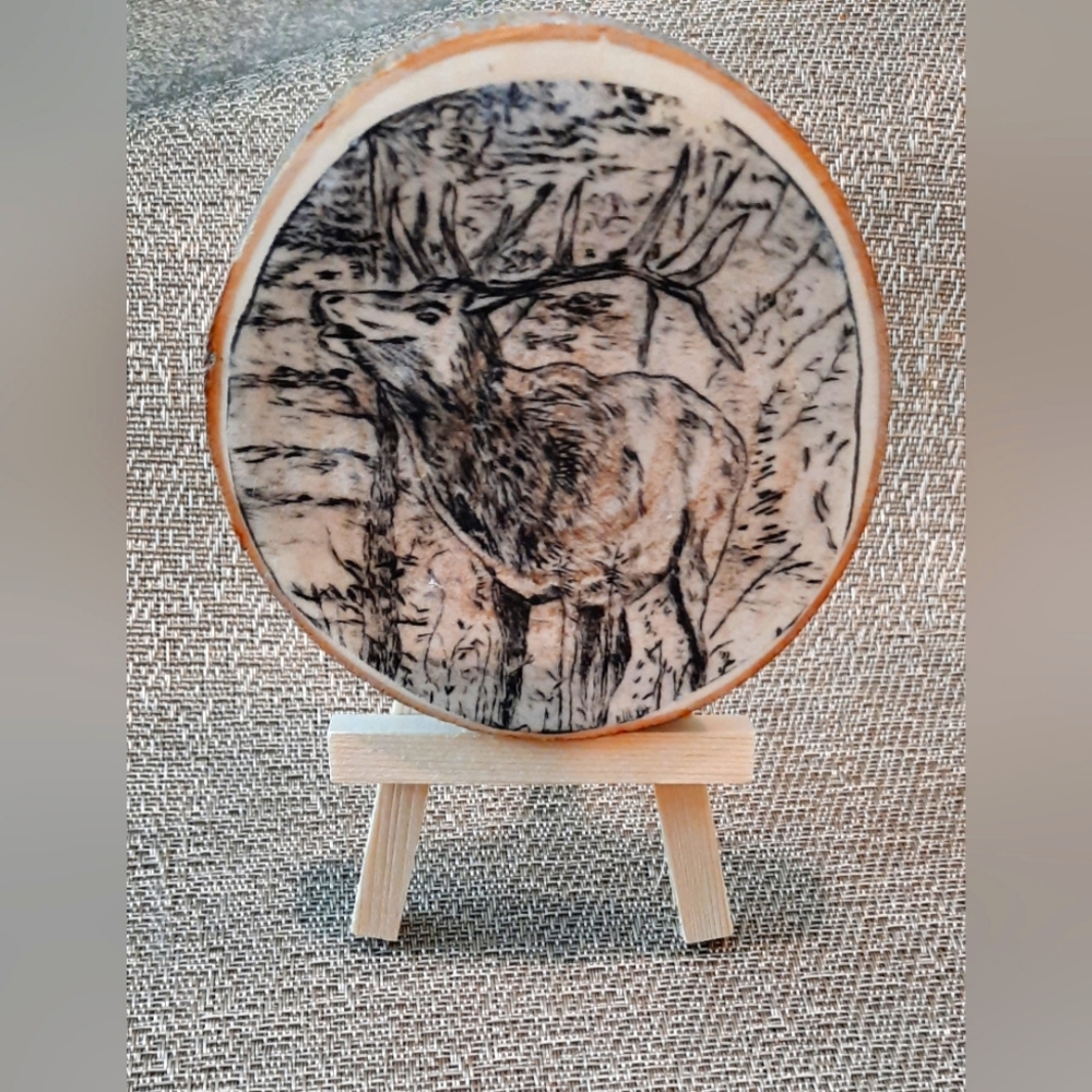 Wood Burning Rustic Elk Art on Wood Slice
